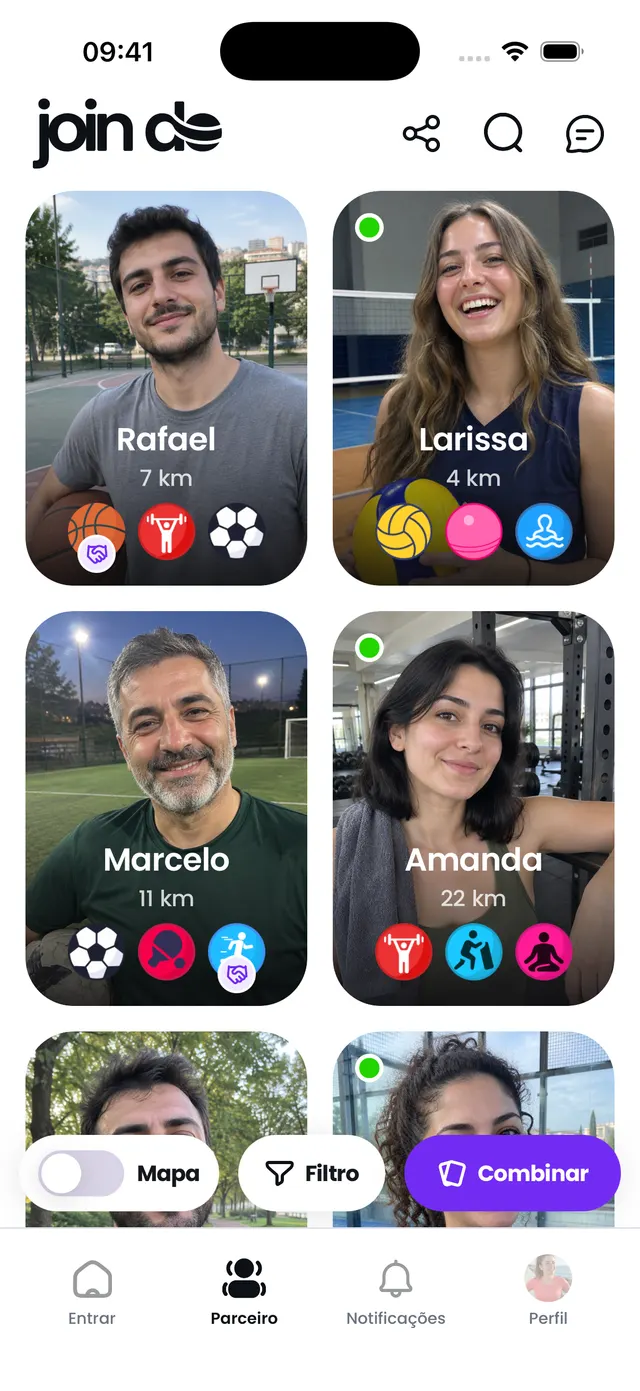Encontre parceiro de esporte em minutos